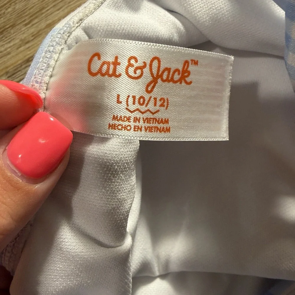 Cat&jack One Piece Swimsuit Blue&white Check Red Pom Trim Size Large 10/12